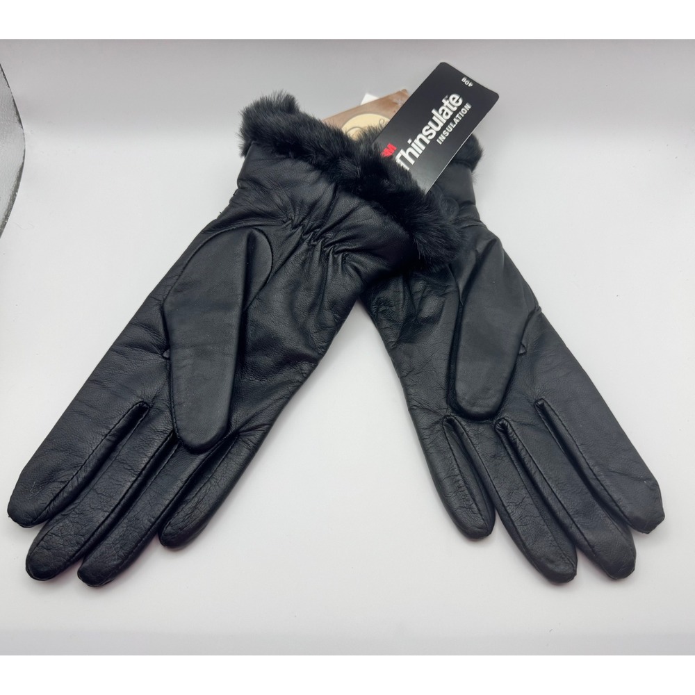 Vintage Fownes Leather Gloves Black Faux Fur Trim Thinsulate Insulation Women's
